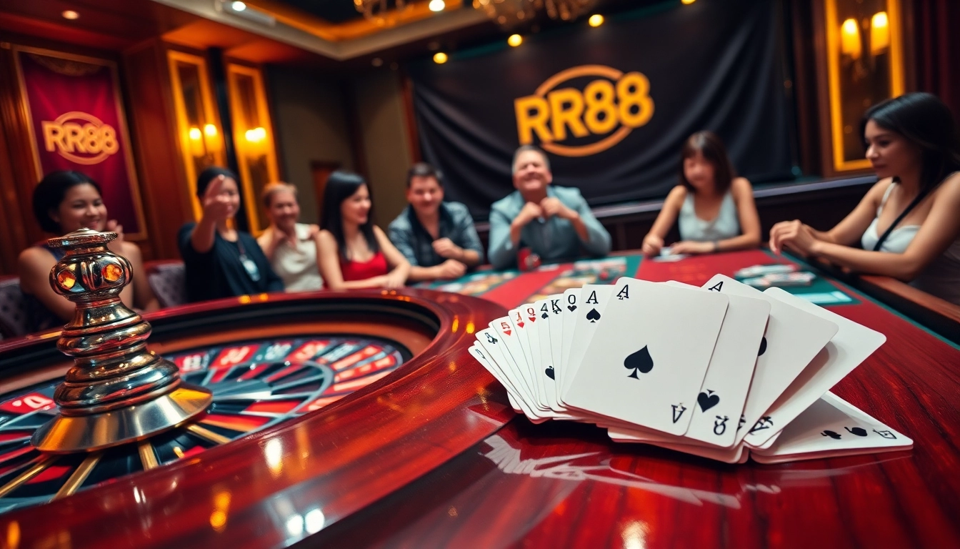 Players enjoying an exciting game at RR88 casino with roulette and cards, highlighting thrilling betting.