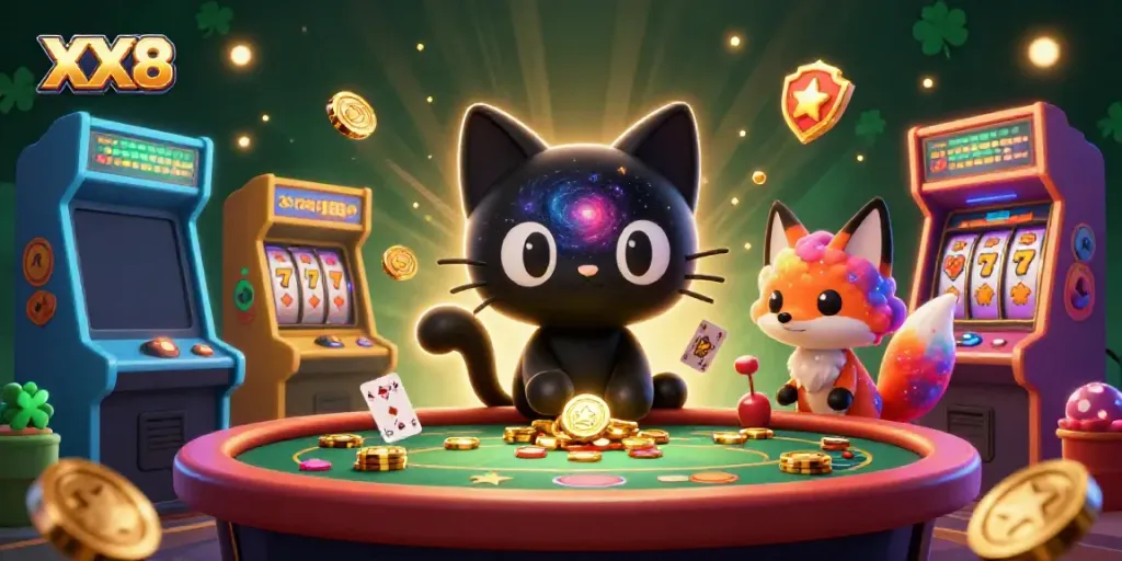 Immerse in the exciting world of XX8 with a colorful cosmic casino scene featuring a black hole cat and a nebula fox.