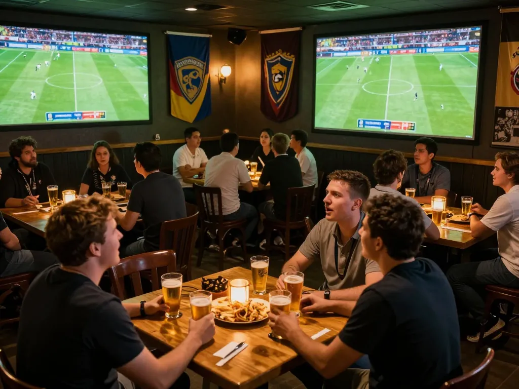 Fans cheering while watching a live football match, enjoying xem trực tiếp bóng đá in a vibrant sports bar atmosphere.