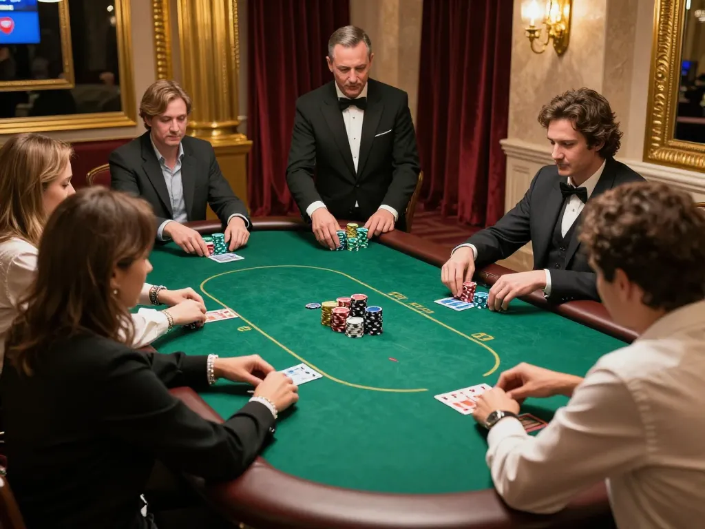 Engaging in high-stakes poker at icm88, players strategizing with chips and cards in elegant casino atmosphere