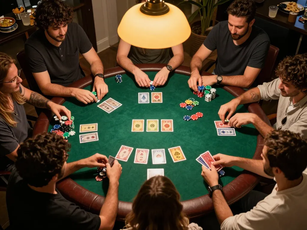 Enjoying a lively home poker game at FUN 79 with friends and colorful chips.