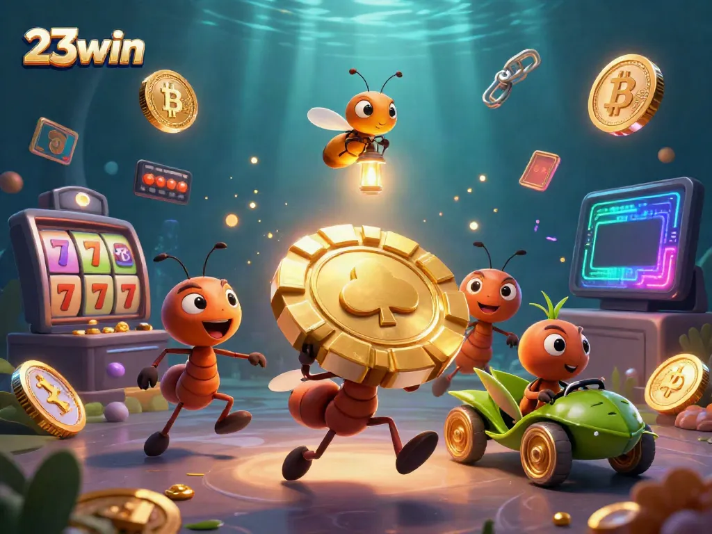 Experience the thrilling excitement of 23win as cartoon ants steal a giant poker chip in a vibrant casino setting.