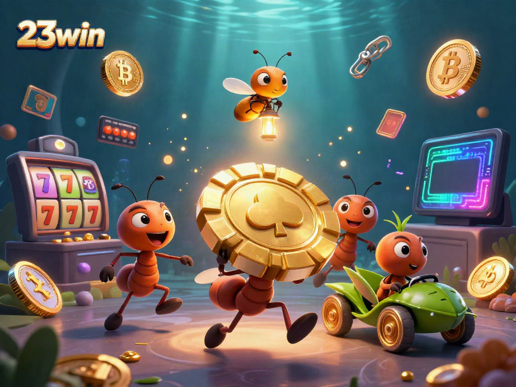 Experience the thrilling excitement of 23win as cartoon ants steal a giant poker chip in a vibrant casino setting.