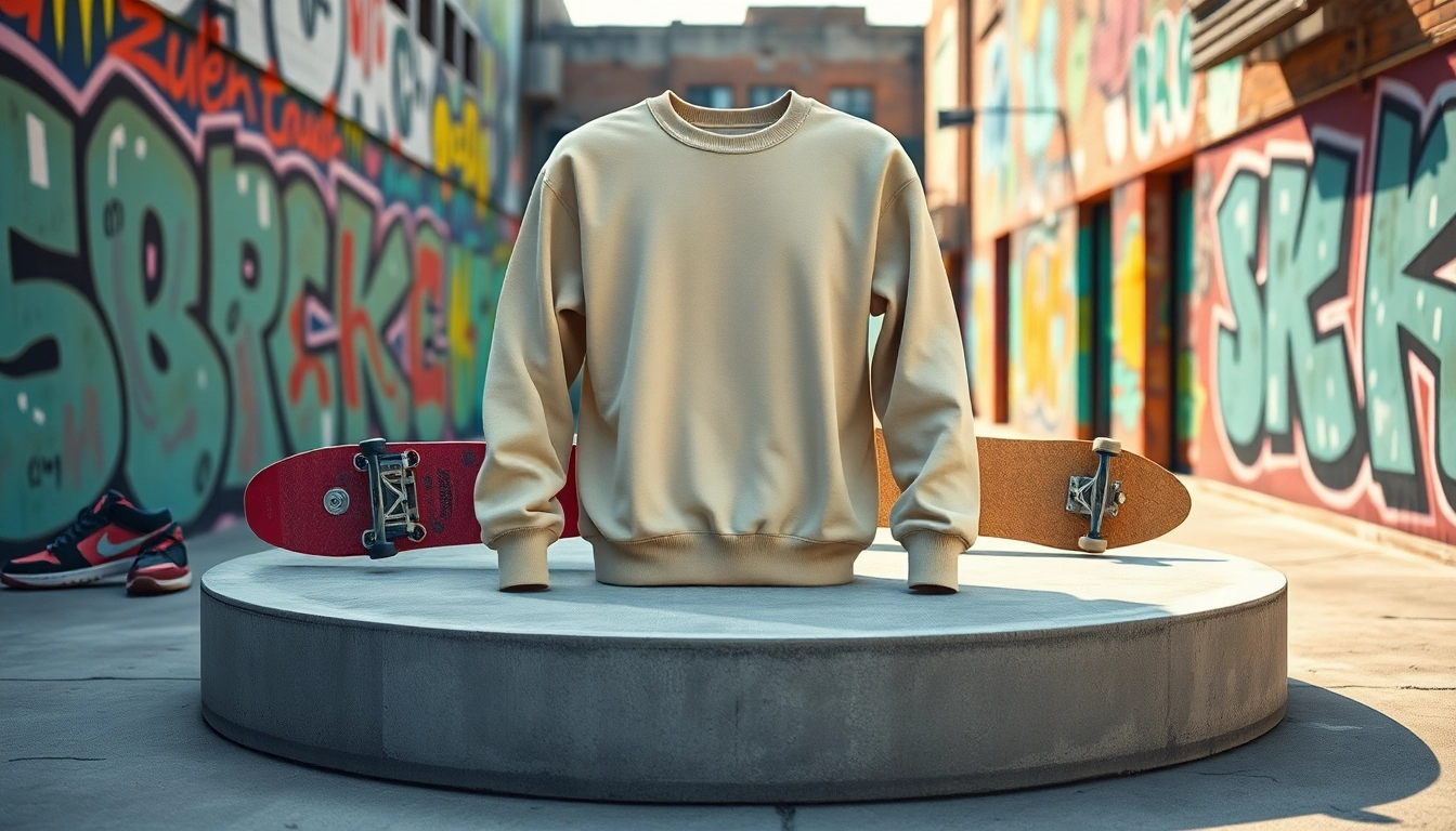 Stylish blank crewneck showcased in a vibrant urban environment with artistic backgrounds.