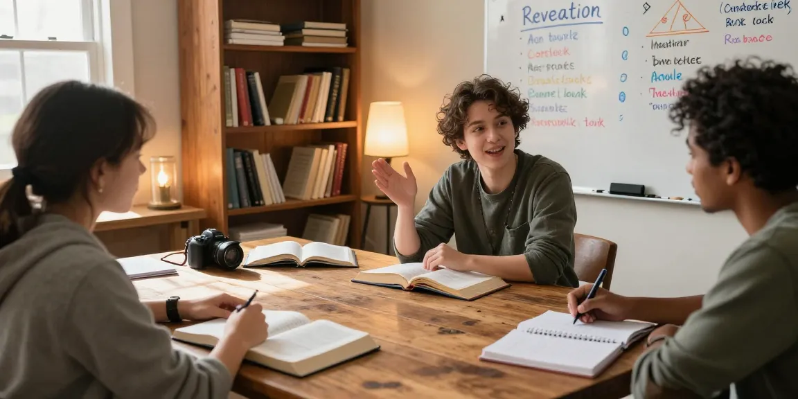 Group study session exploring Revelation insights with Indie Pen Press resources, warm and inviting atmosphere.