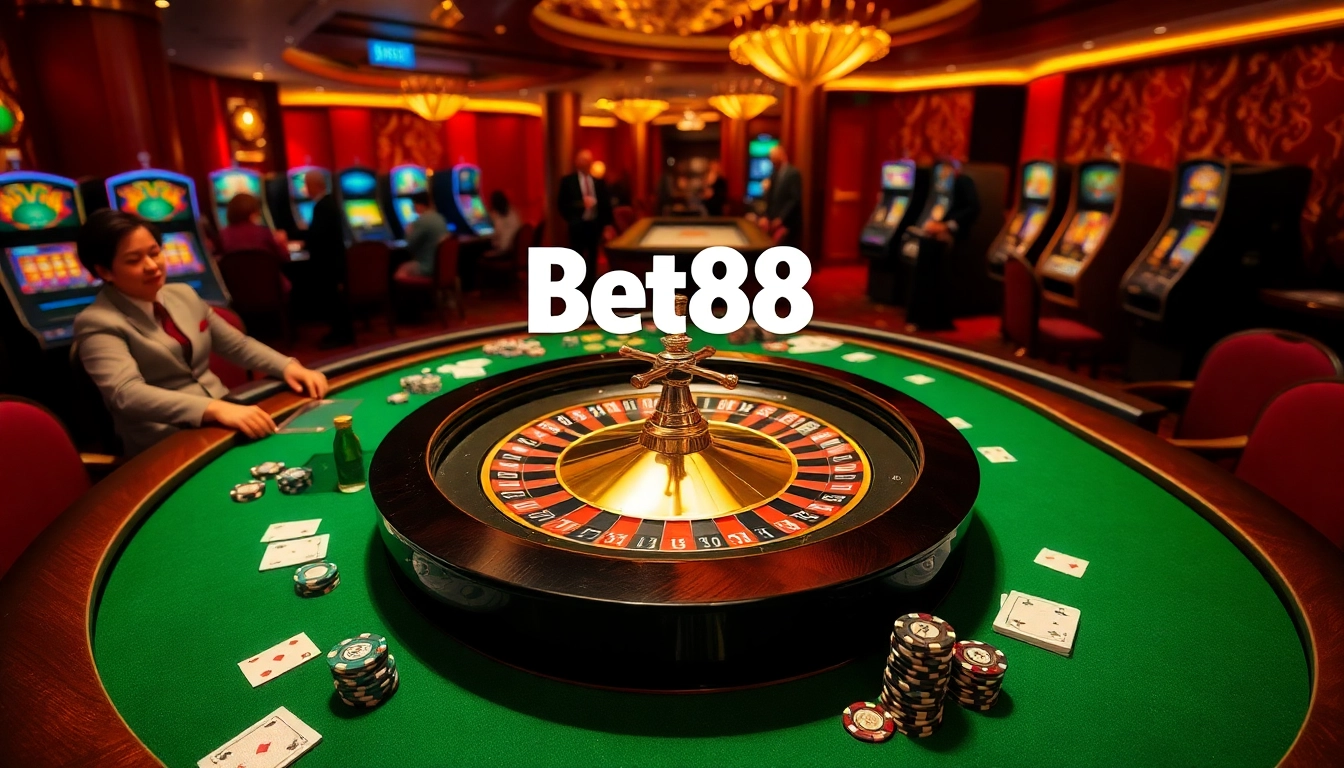 Experience the excitement at Bet88 with poker chips, cards, and a glowing roulette wheel.