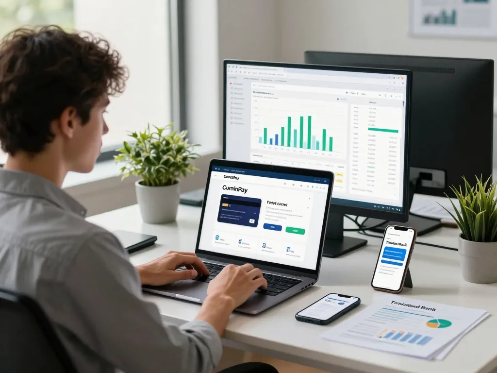 Virtual banking access to Trinidad Bank services in a modern office.