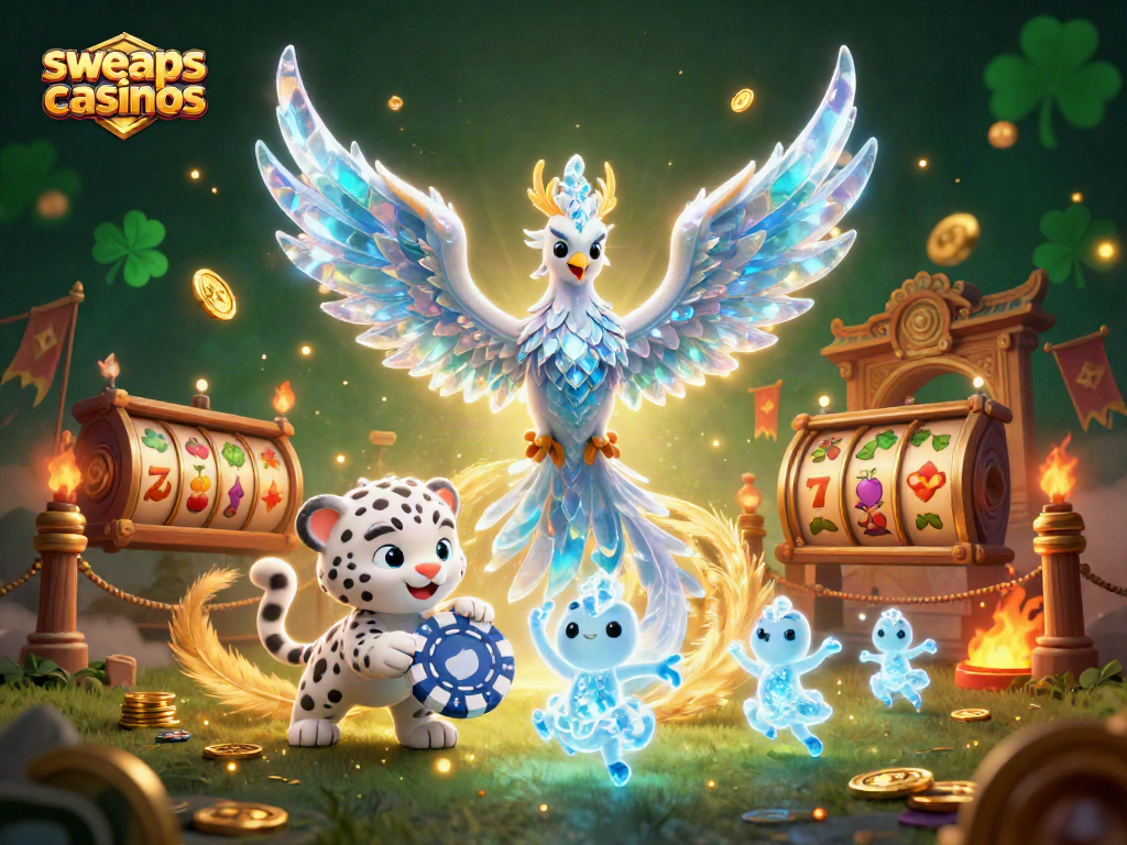 Engage in sweeps casinos with a captivating illustration of an ice phoenix, snow leopard, and glowing sprites.