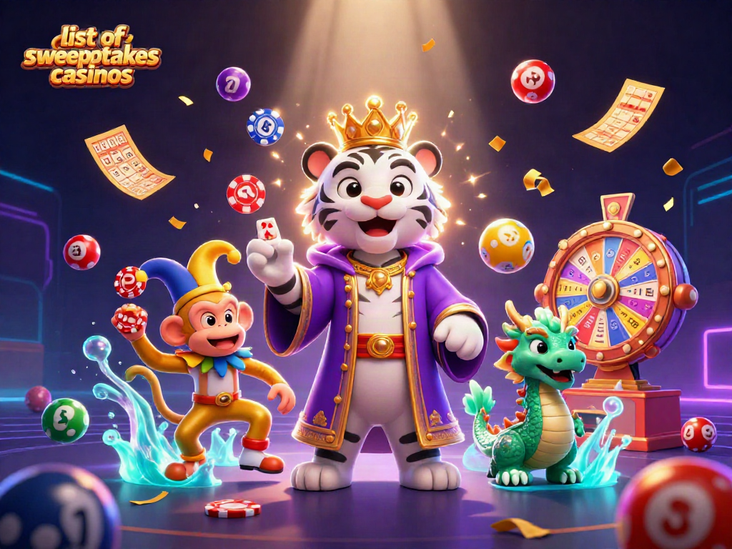 Engage with the list of sweepstakes casinos in a vibrant, fun casino illustration with playful characters.