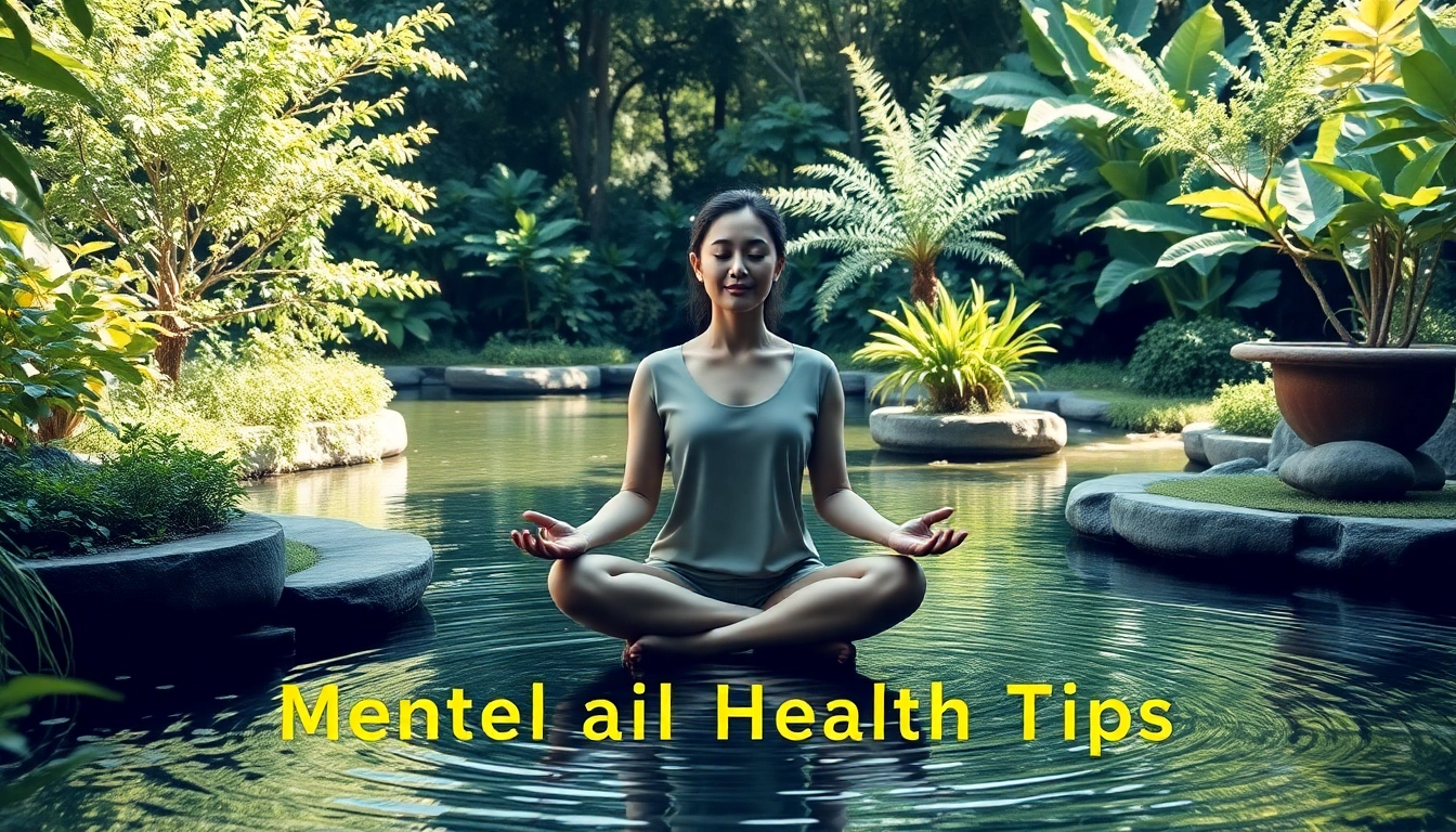 Engaging mental health tips showcased through a tranquil meditation scene in nature.