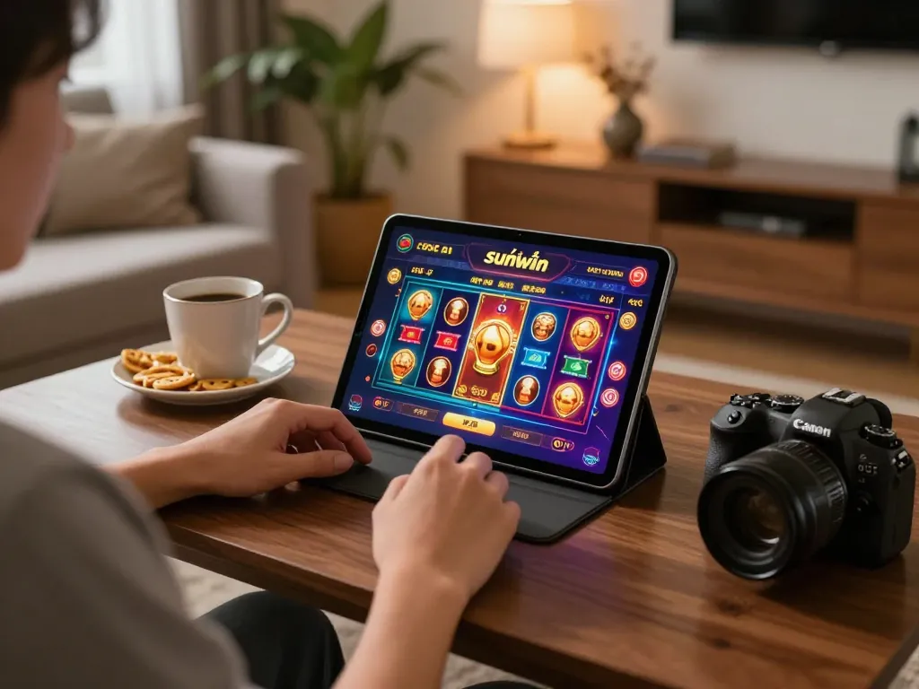Engaging online casino gaming at nhà cái sunwin displayed on a tablet in a cozy home setting.