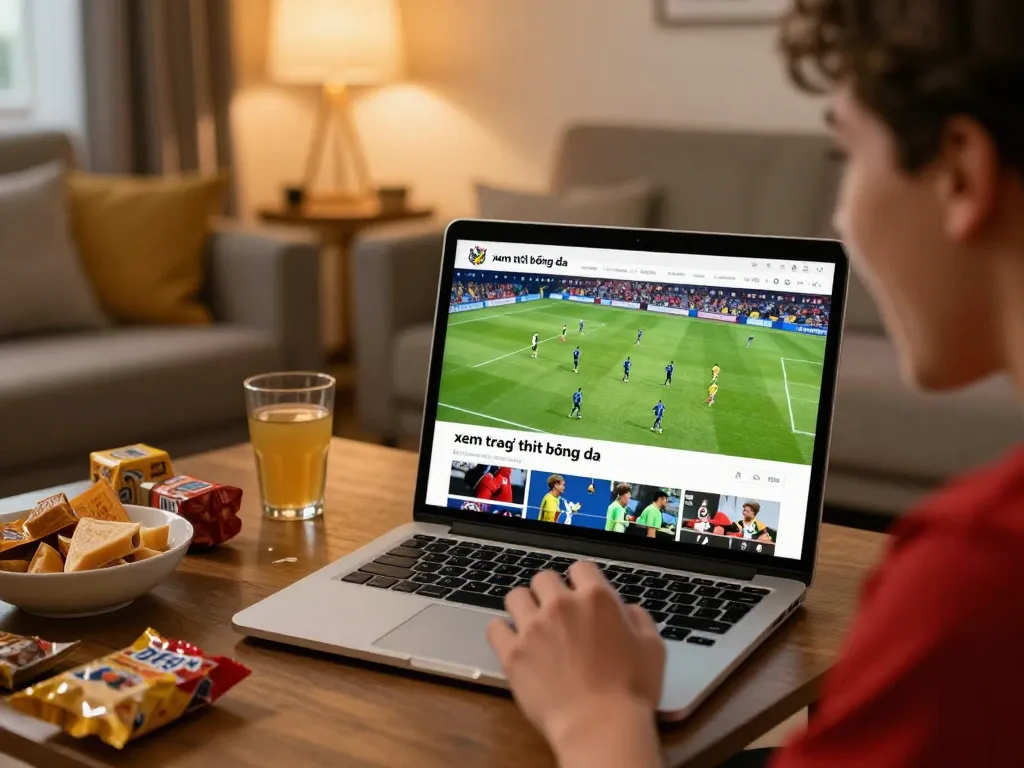 xem trực tiếp bóng đá on laptop, fan immersed in a live football match stream