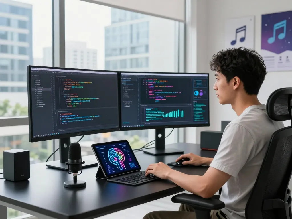 Dynamic tech workspace emphasizing mind control innovation with advanced AI tools.