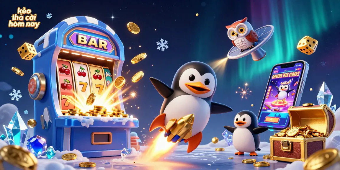 Bet on kèo nhà cái hôm nay with a vibrant illustration of a golden penguin and casino elements.