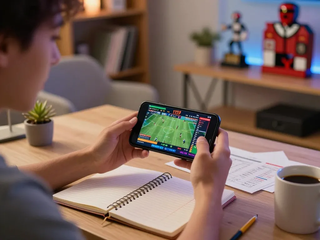 Excitedly analyzing sports betting odds on gk88 mobile app in a cozy home office.