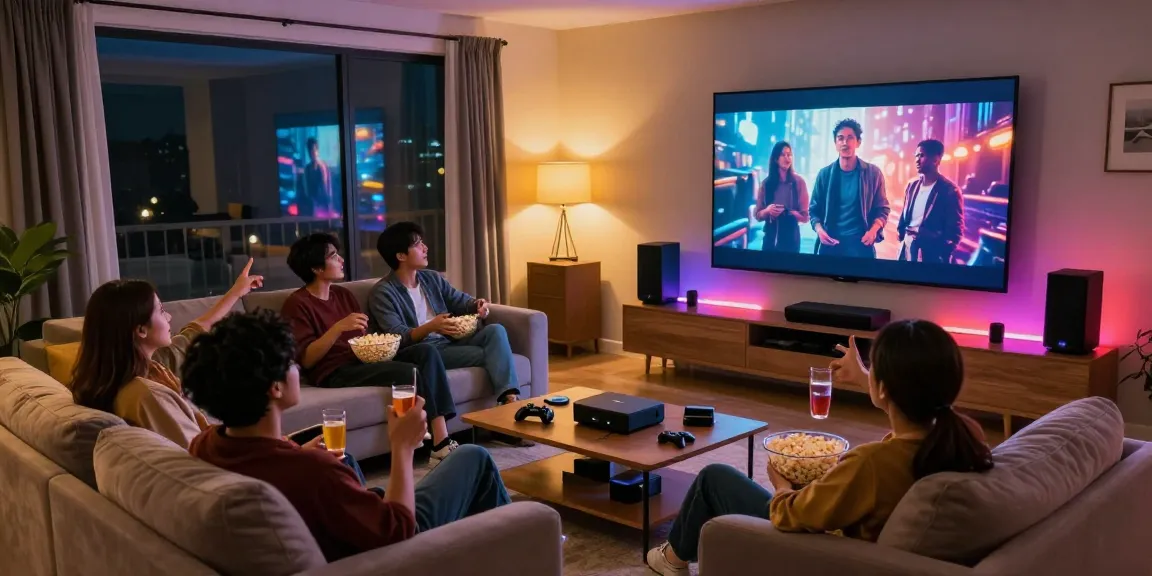 Enjoy a movie night with friends using Pikashow's streaming features in a cozy living room.