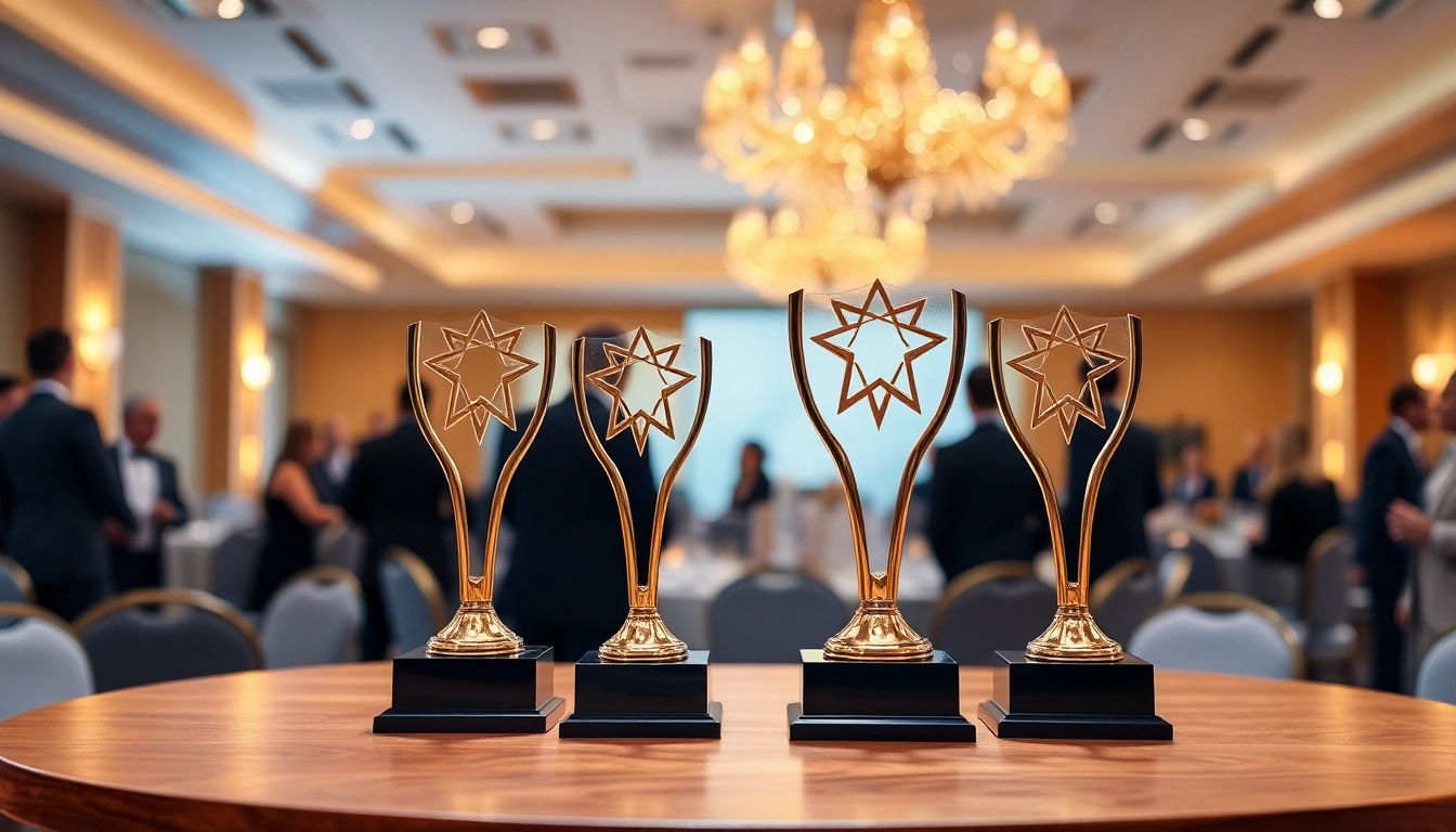Showcasing stunning construction awards on a podium in an elegant banquet setting.