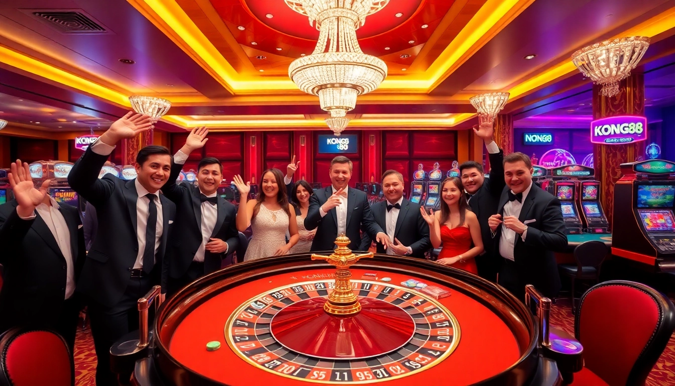 KONG88 participants enjoy a thrilling roulette game in a luxurious casino setting, showcasing excitement and strategy.