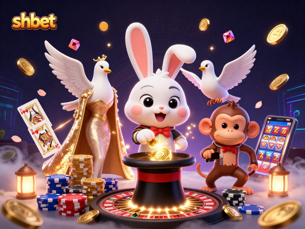 Engage in thrilling gameplay at SHBET as the magical rabbit reveals gold coins amidst casino excitement.