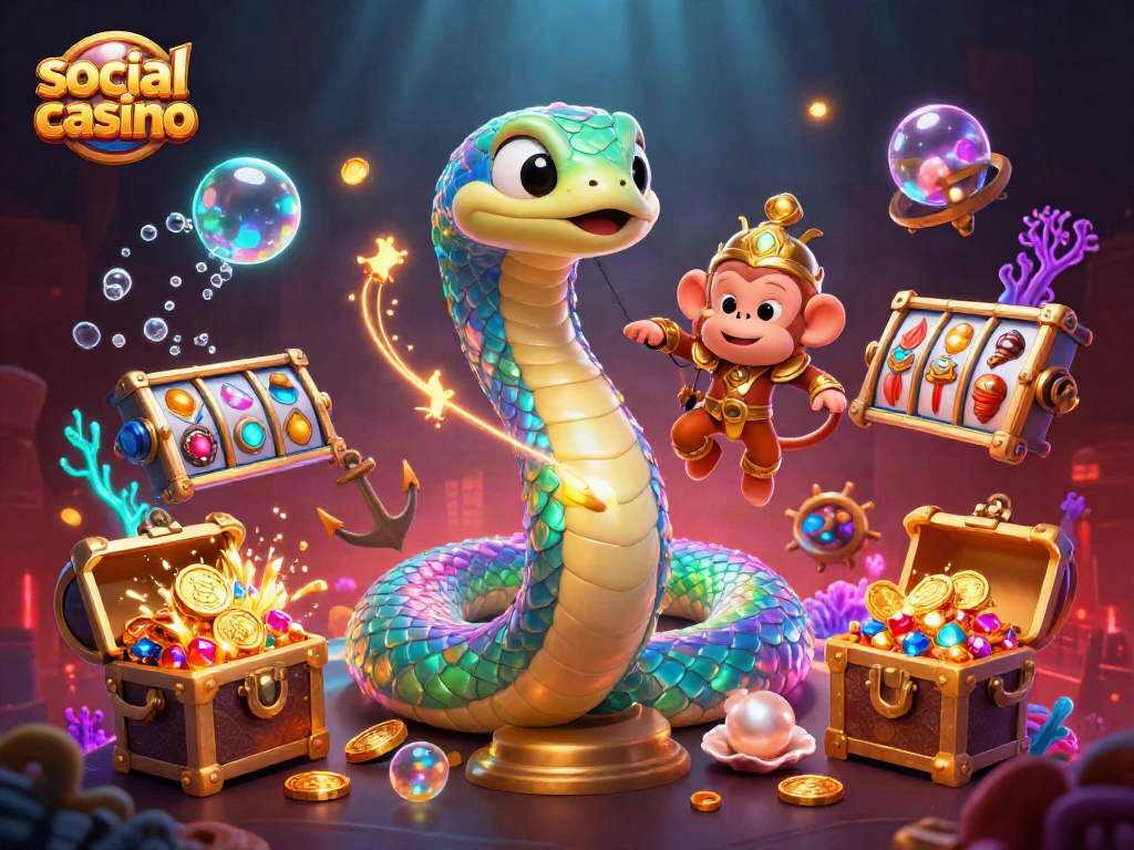 Enjoy the excitement of social casino with a vibrant scene of a rainbow serpent and playful monkey king.