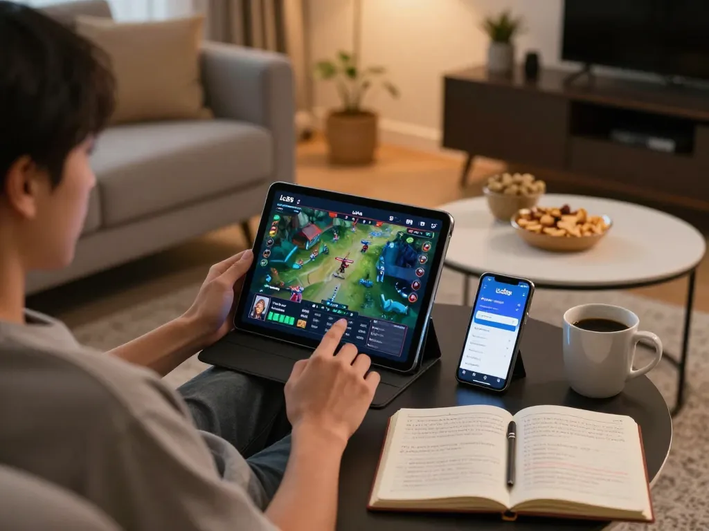 Person enjoying online gaming on lc88app in a cozy home setting with strategies and snacks.
