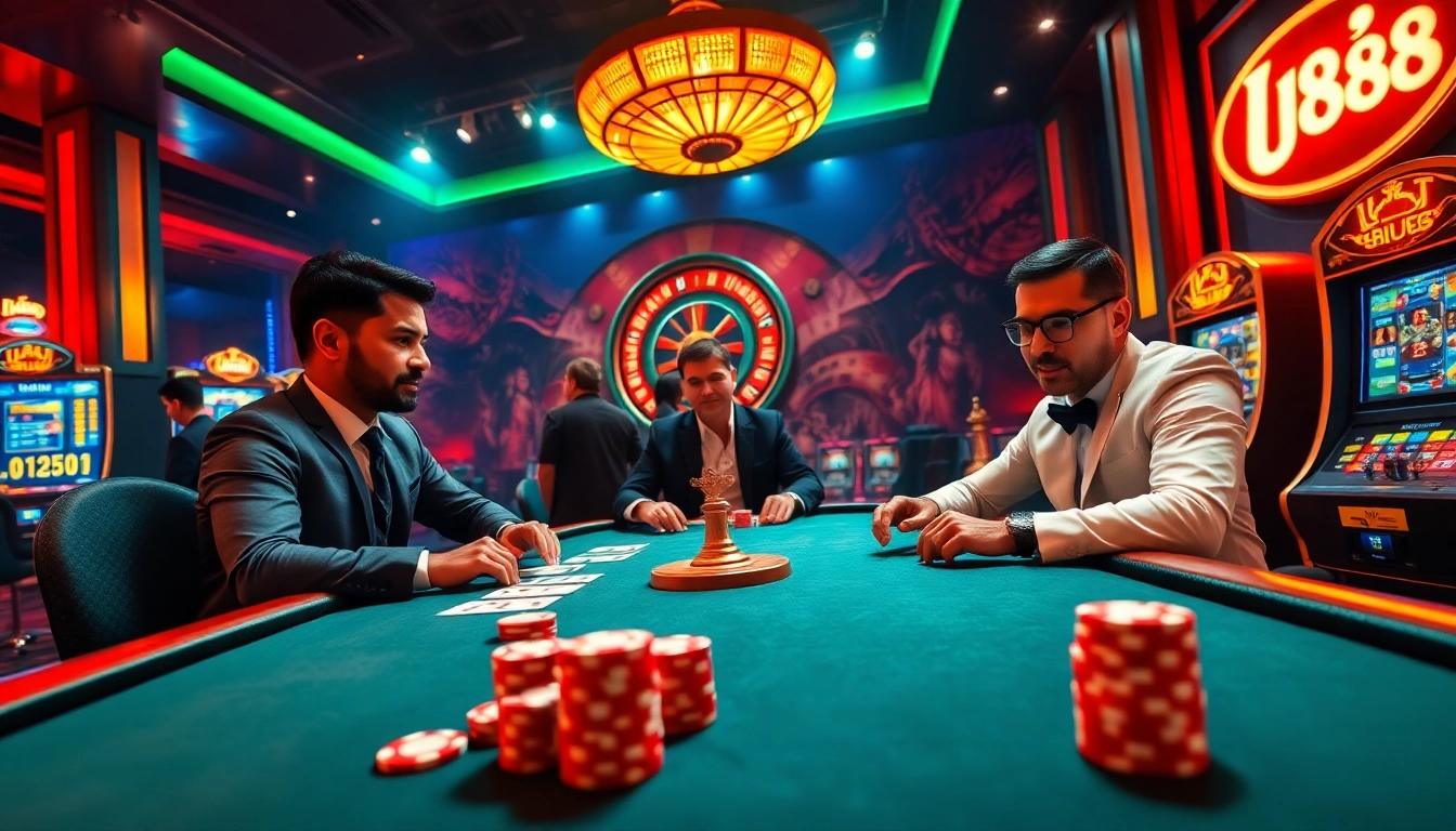 A thrilling U888 casino scene with vibrant poker action and luxury gaming elements.