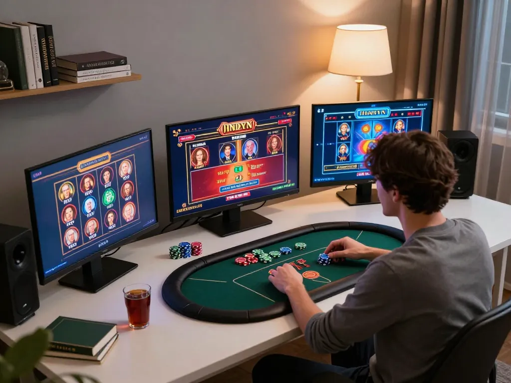 Engaging in online casino games at home with gem88, showcasing a modern gaming setup and strategic gameplay.