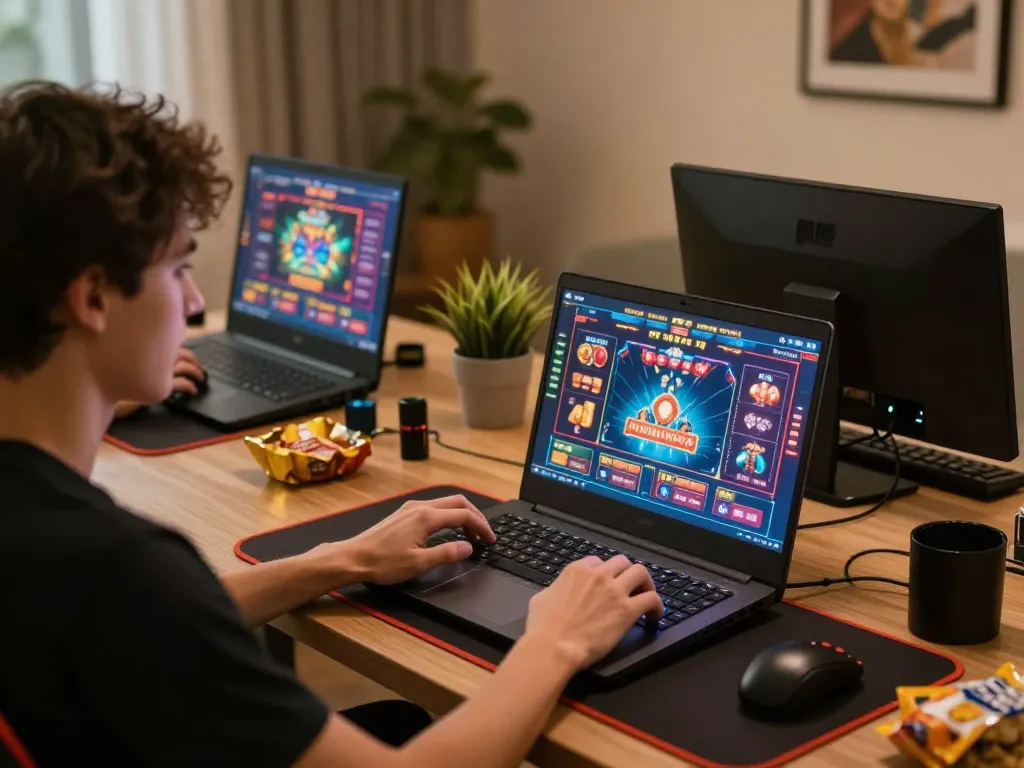 RR88 NAVY player immersed in intense online gambling session with vibrant game visuals