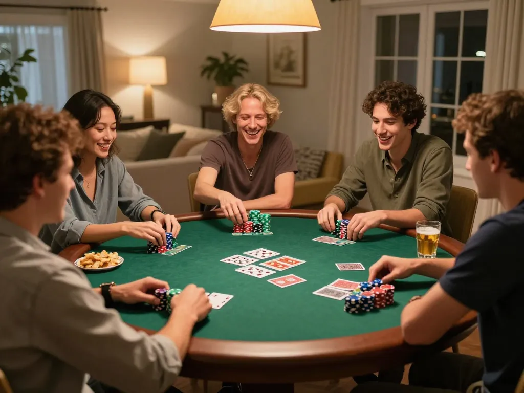 Fun88 poker night with friends, chips and cards on a round table, cozy home atmosphere.