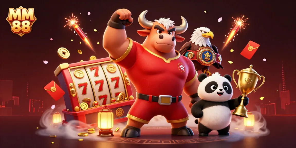 Engage with MM 88's electrifying victory scene featuring a powerful bull mascot and dynamic gaming elements.