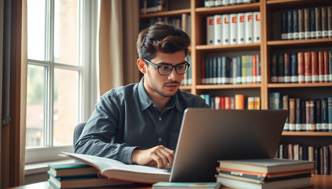 Pay someone to take TOEFL, a dedicated student studying in a cozy library.