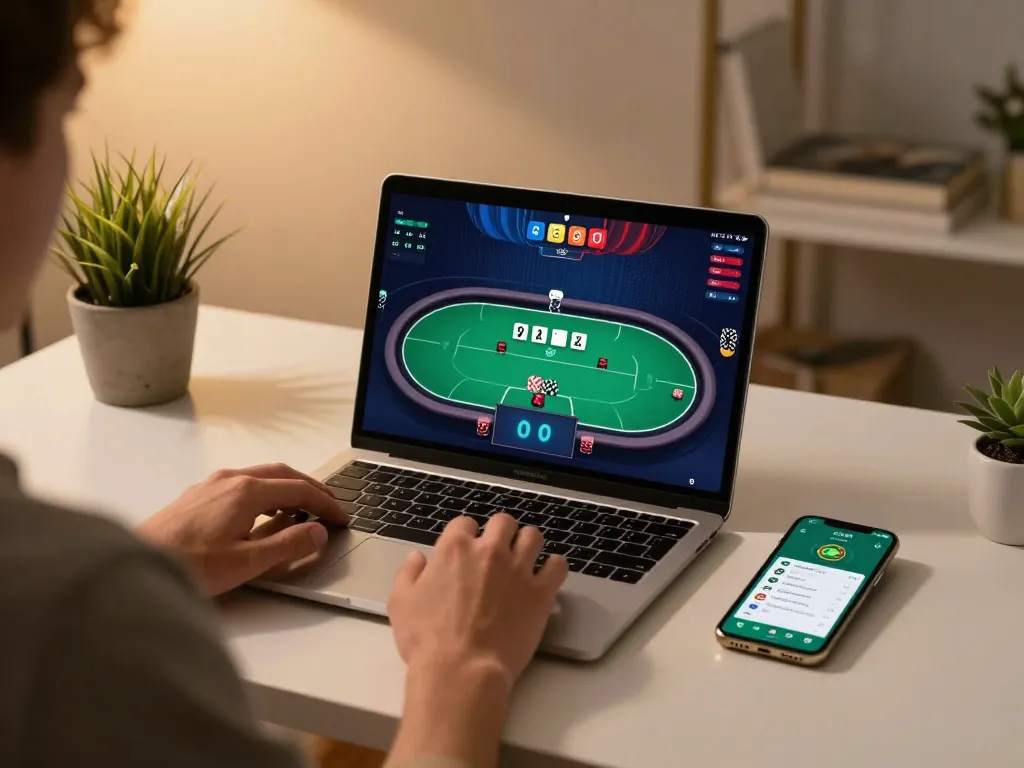 Engaging in online poker gaming at home, showcasing da88 uy tín features and interactive elements.