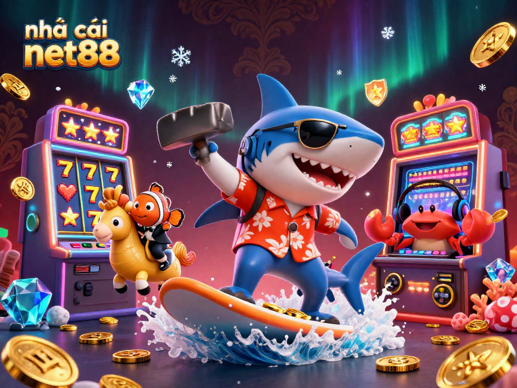 Engage with the exhilarating world of nhà cái net88, featuring a shark and seahorse amidst vibrant 3D slot machines.