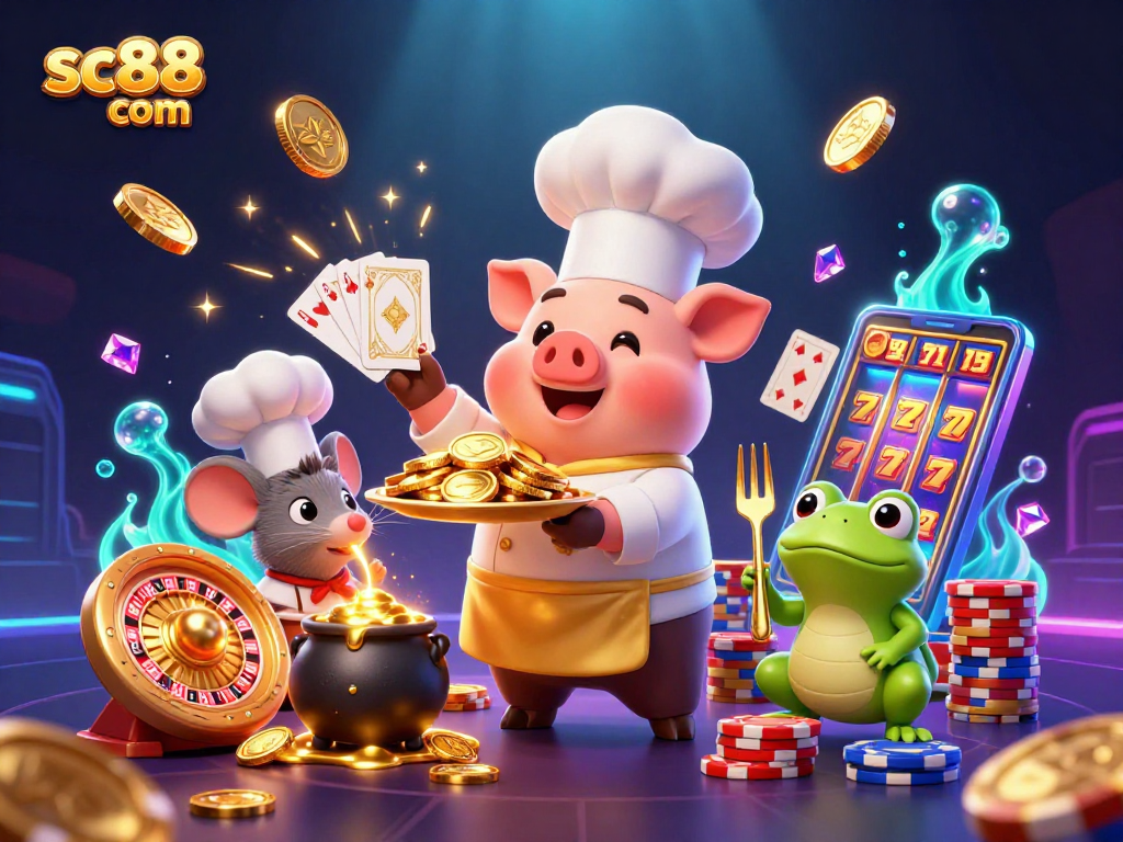 Experience sc88 com's vibrant casino world with PIG, MOUSE, and FROG amidst coins and games!