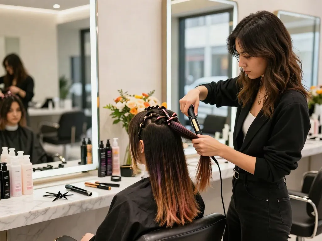 Stylist applying genius weft extensions to a model's hair in a chic salon, showcasing a luxurious and trendy environment.