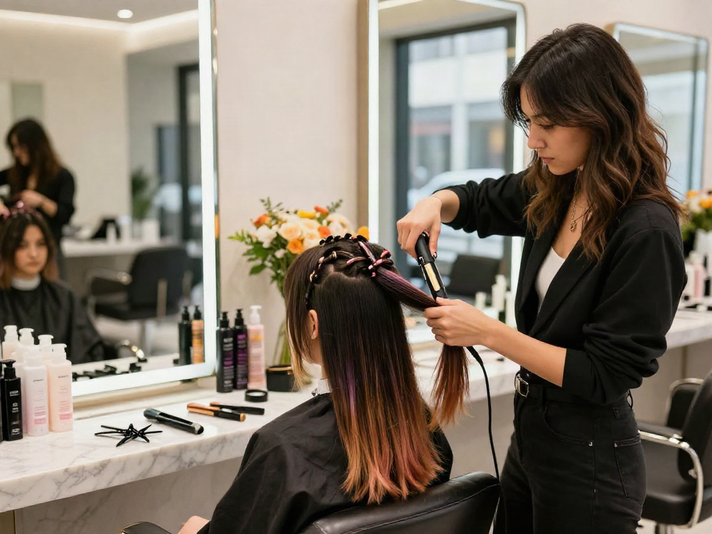 Stylist applying genius weft extensions to a model's hair in a chic salon, showcasing a luxurious and trendy environment.