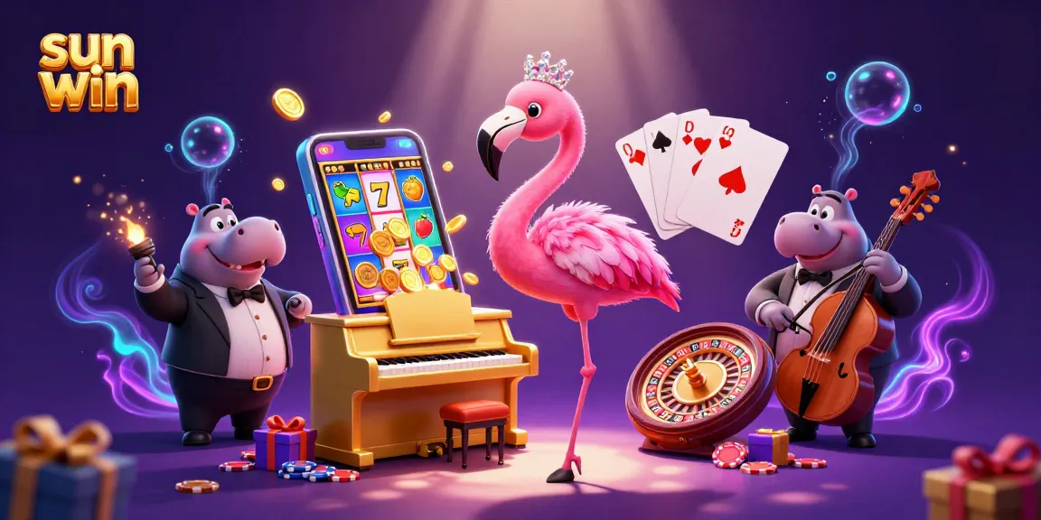 Experience thrilling spins and wins at sun win with a vibrant casino scene featuring a flamingo and hippo.