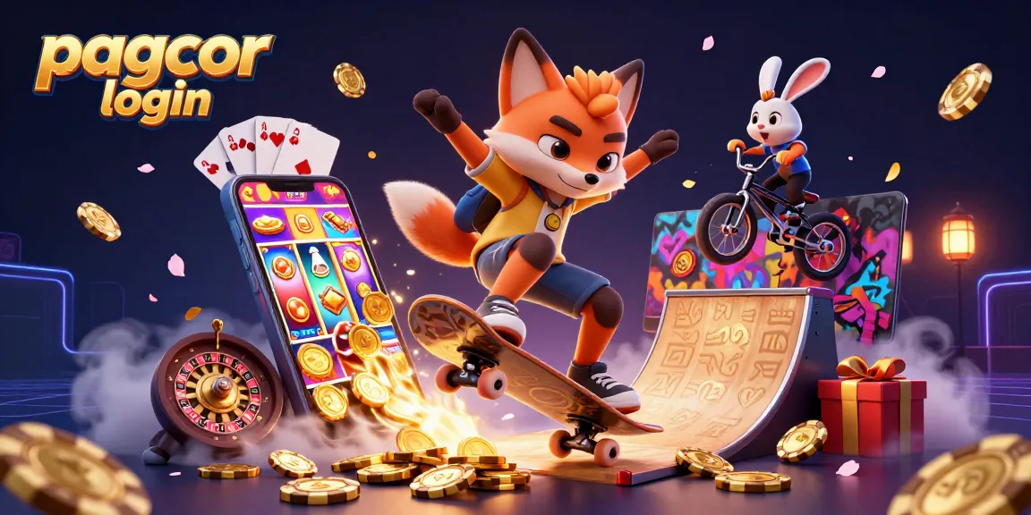 PAGCOR login feature showcasing an energetic casino scene with 3D characters and gaming elements.