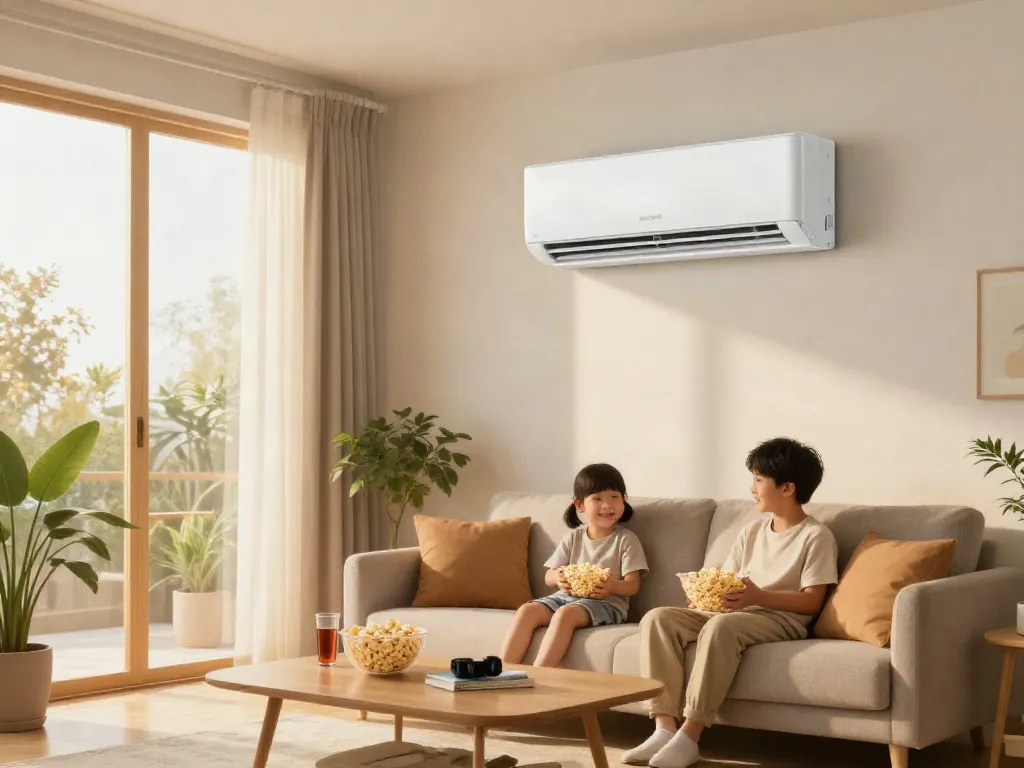 Cozy living room featuring an 18000 BTU mini split air conditioner providing efficient climate control during family movie night.