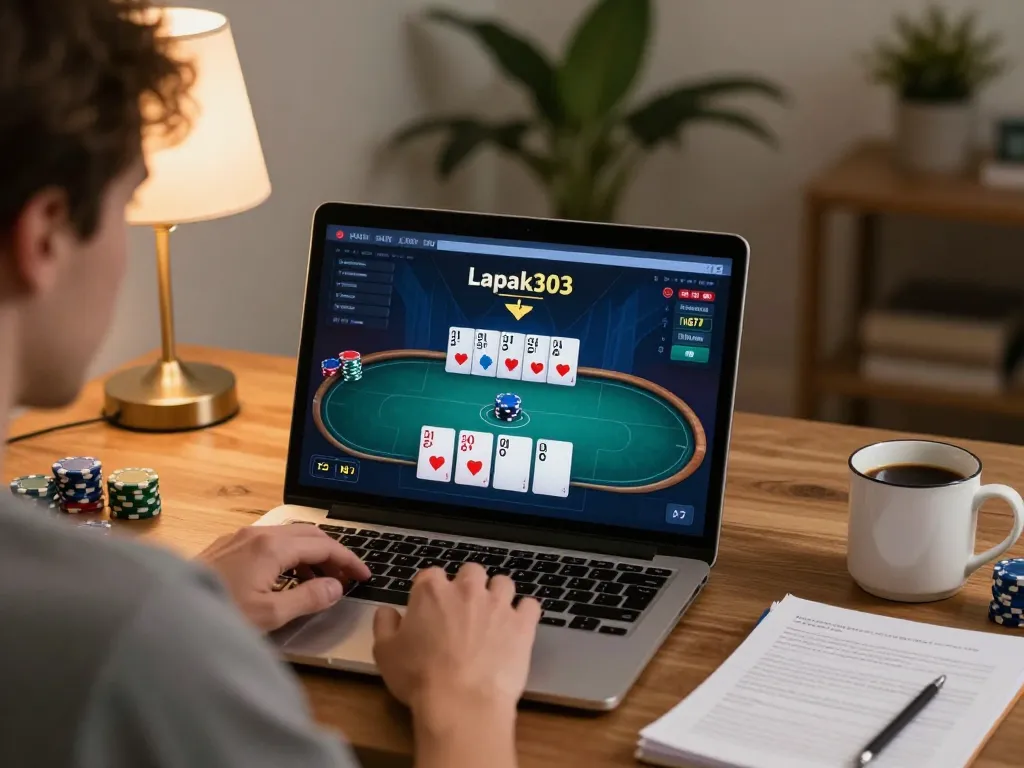 Engaging online poker gameplay at main poker lapak303 with player focused on cards and strategy notes.