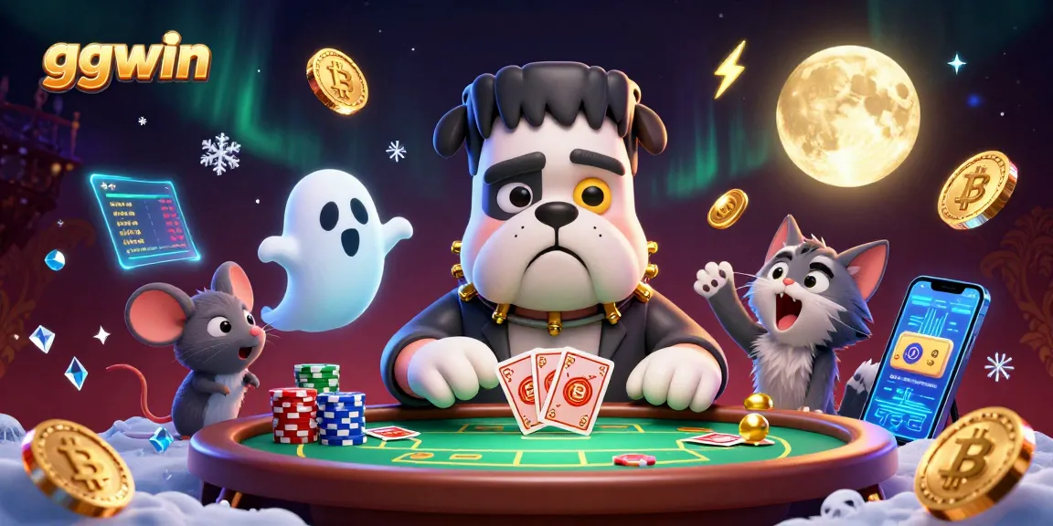Engage with the ggwin casino scene featuring a Frankenstein bulldog dealer and cryptocurrency elements.