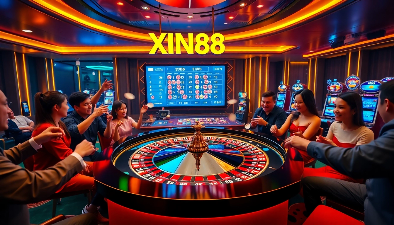 Thrilling gameplay at Nhà Cái XIN88 with vibrant casino lights and excited players at a roulette table.