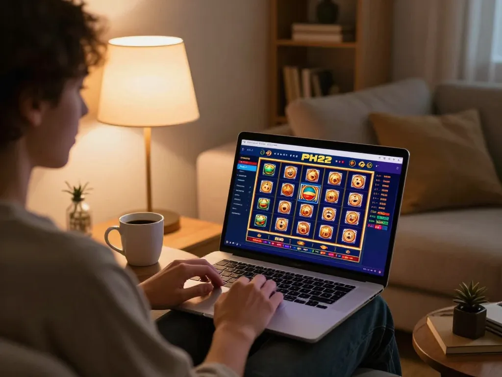 Player engaging in PH22 online casino gameplay at home on a laptop.