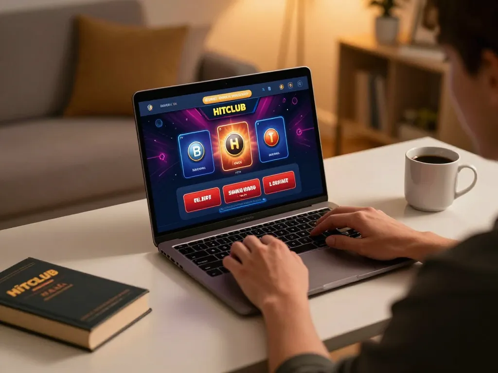 Hitclub player engaging with online casino game interface on laptop in cozy home setting.