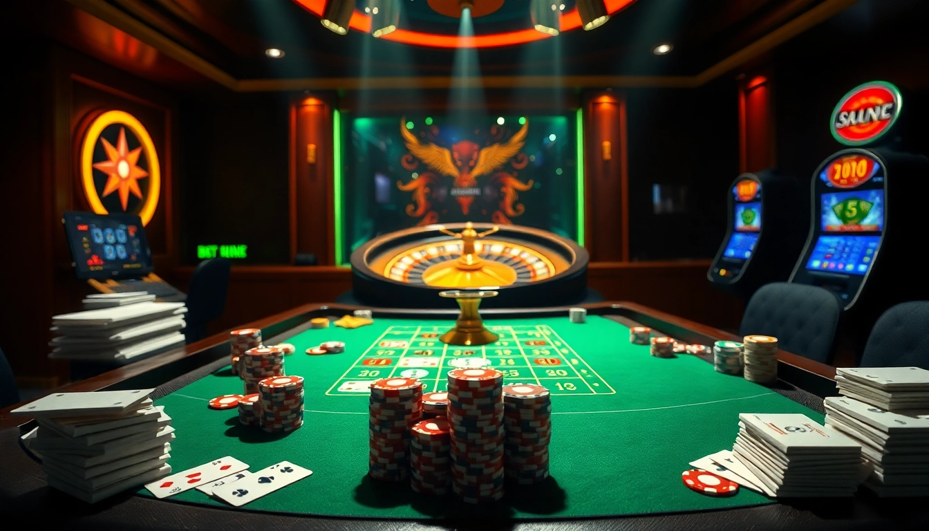Experience ĐĂNG NHẬP B8 at a vibrant casino scene with poker and roulette.