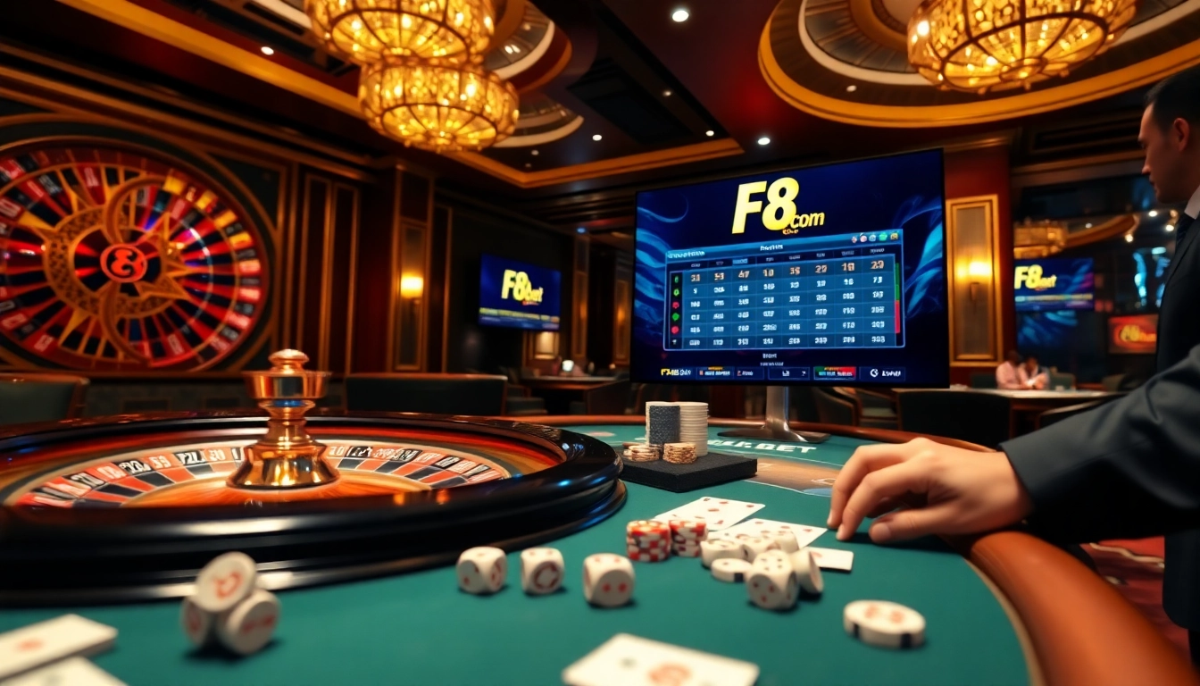 Experience the thrill at f8bet com with poker chips and a roulette wheel in an elegant casino.