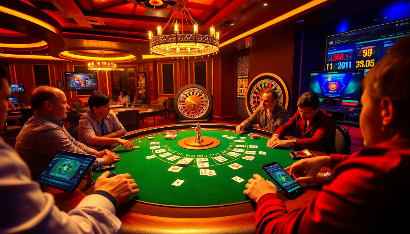 Experience the excitement of gambling at NHÀ CÁI UU88 with engaging blackjack players and a spinning roulette wheel.