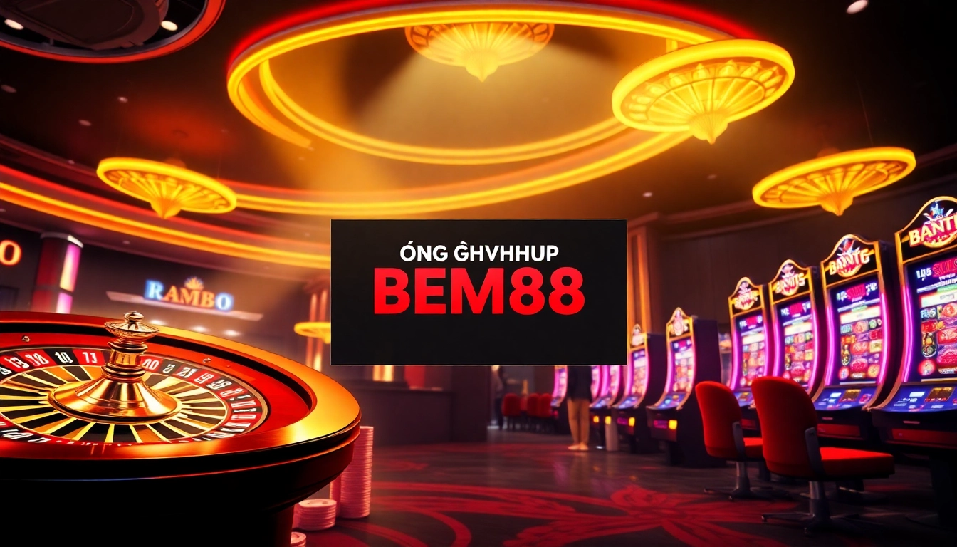 Engage with ĐĂNG NHẬP BEM88 in a vibrant online casino scene featuring roulette, poker chips, and slot machines.