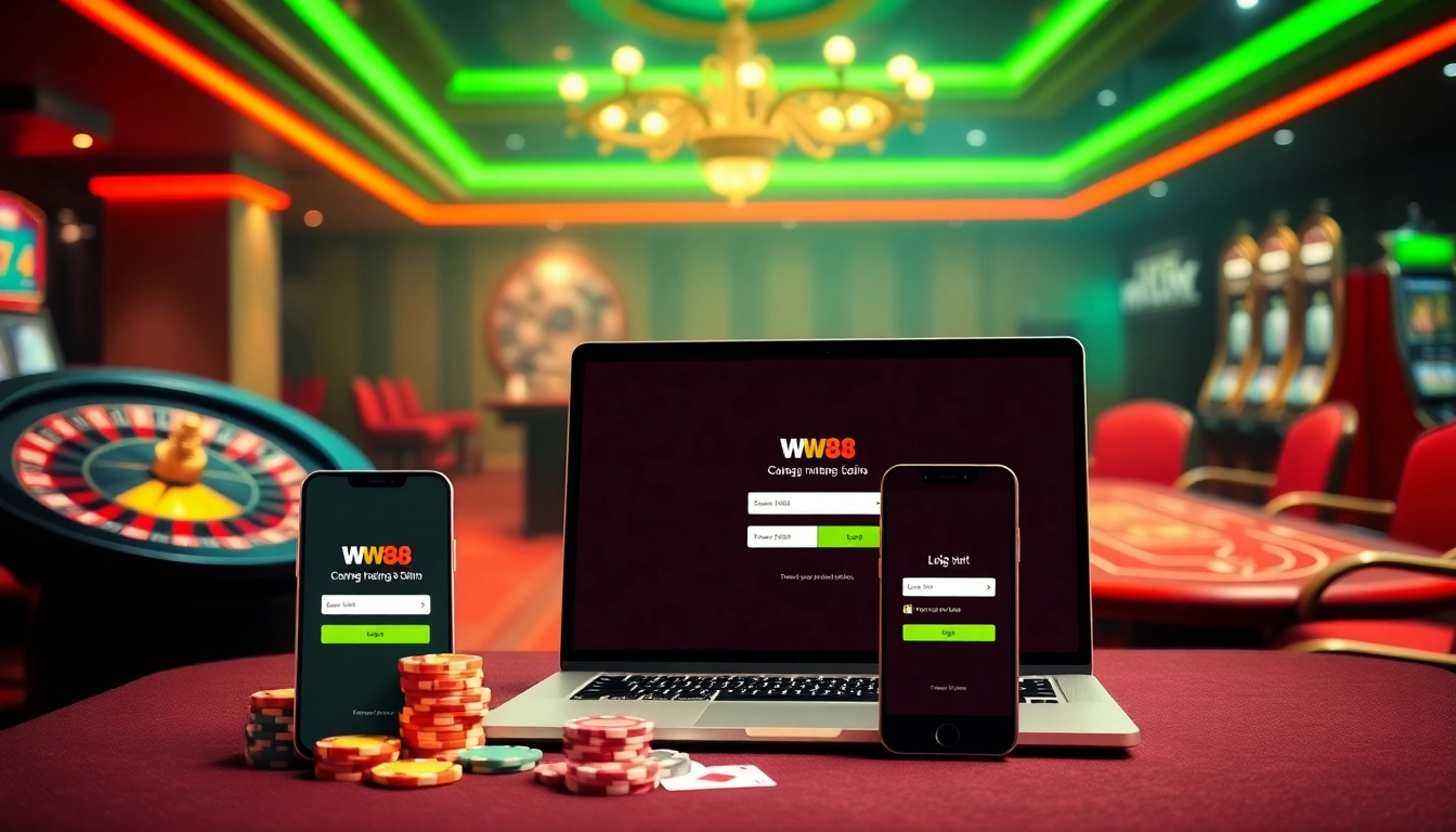 Experience the thrill of Đăng nhập ww88 with a vibrant online casino login scene featuring roulette, poker, and slots.